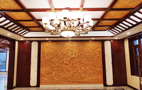 吉安中式别墅客厅中式木作横梁吊顶装饰展示